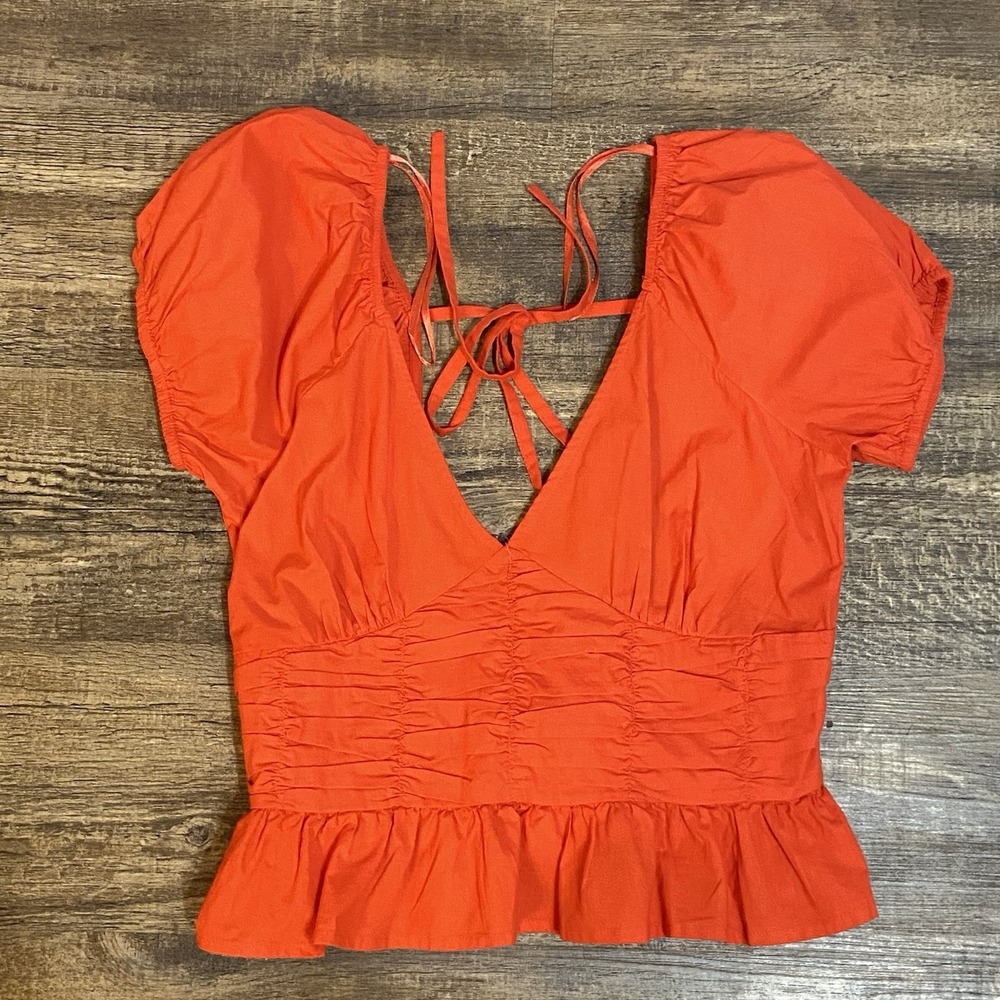 Sim & Sam Y2K Orange Puff‎ Sleeve Tie Back Crop Top XL Dopamine Babydoll Beach